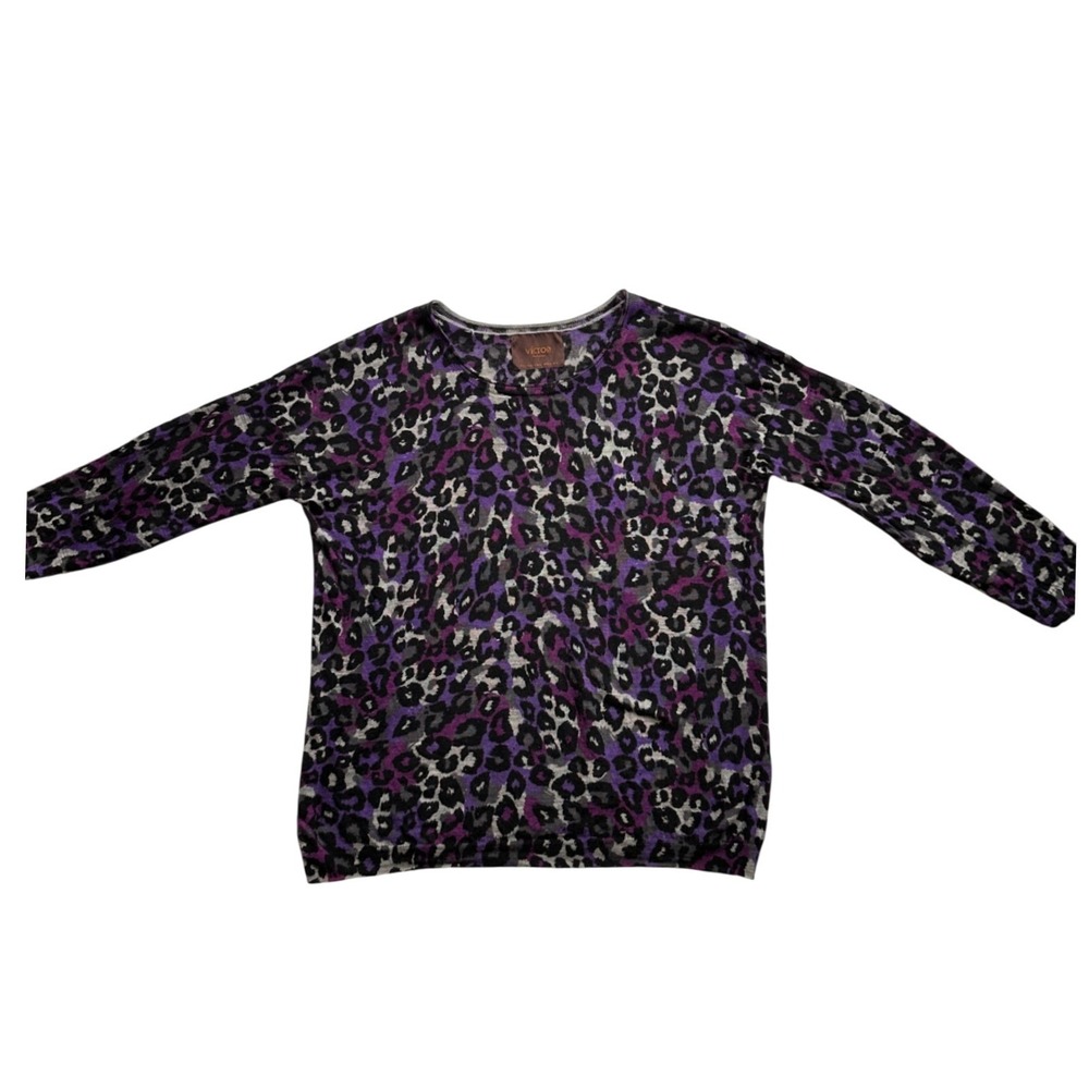 Victor Alfaro Extrafine Merino Wool Sweater Womens Purple Leopard Print Exc